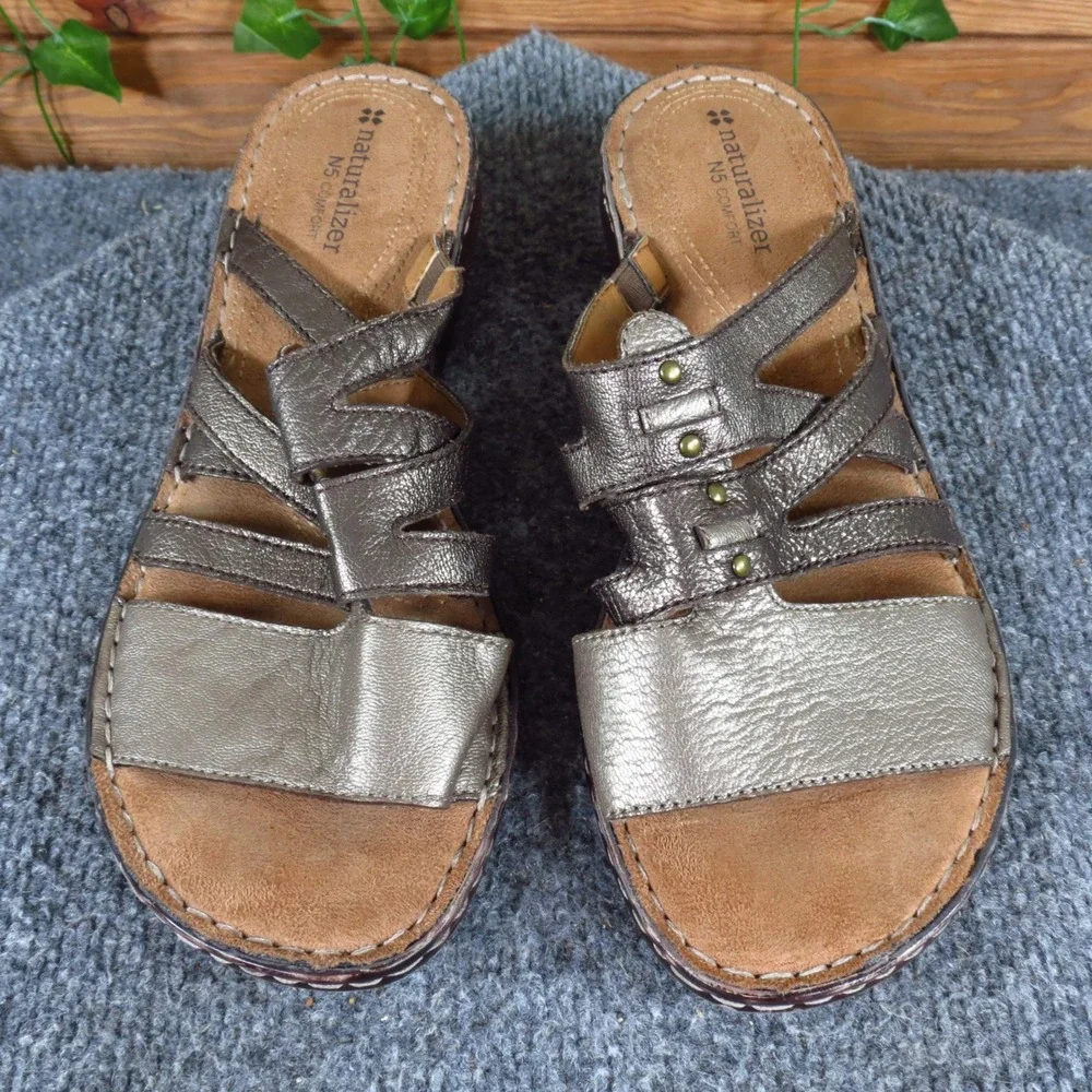 Naturalizer Leanna Women Sandal 9.5M Walking Pewter Metallic‎ Leather Strappy